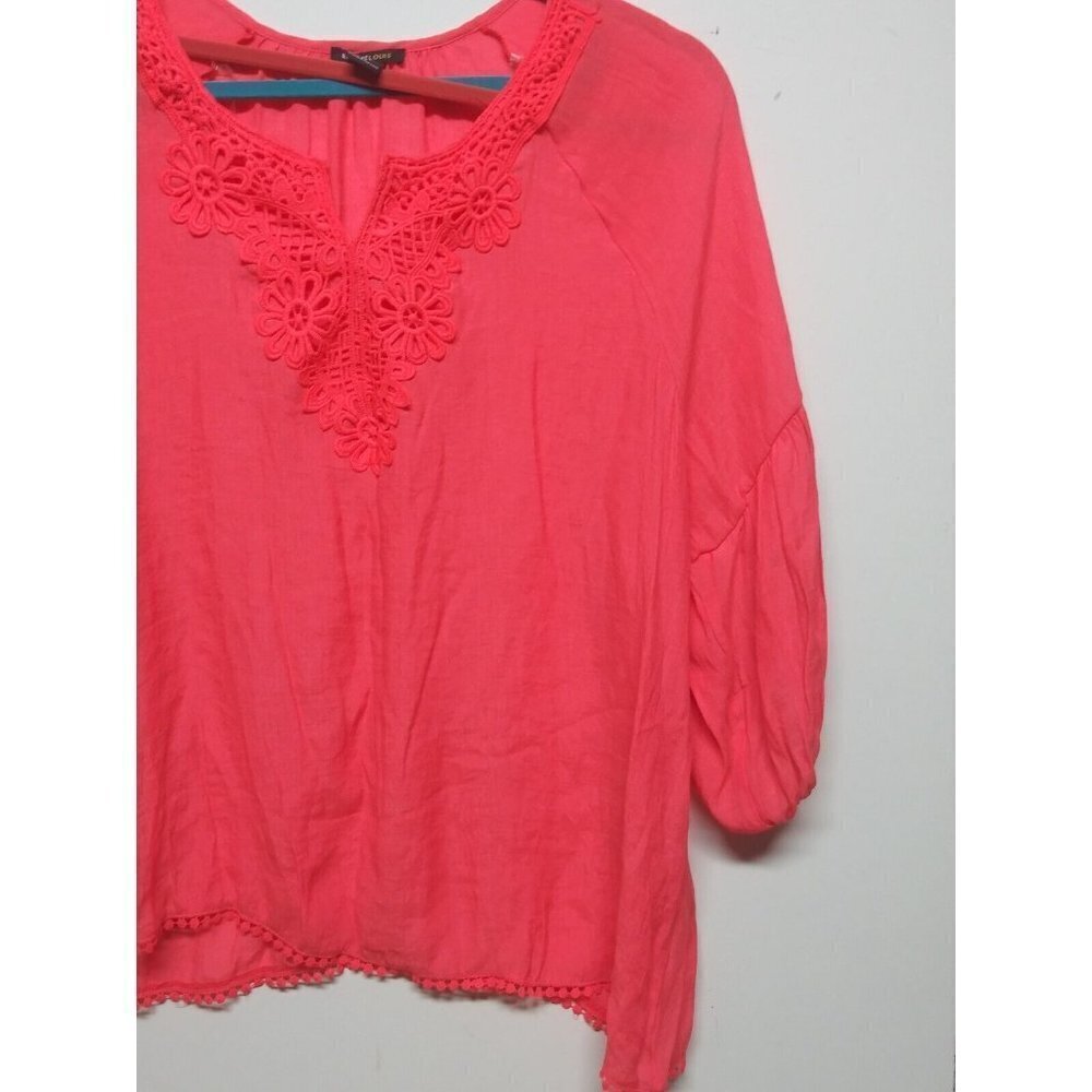 Robert Louis Top blouse Plus 3X coral lace accents 3/4 balloon sleeve pullover - Picture 5 of 8